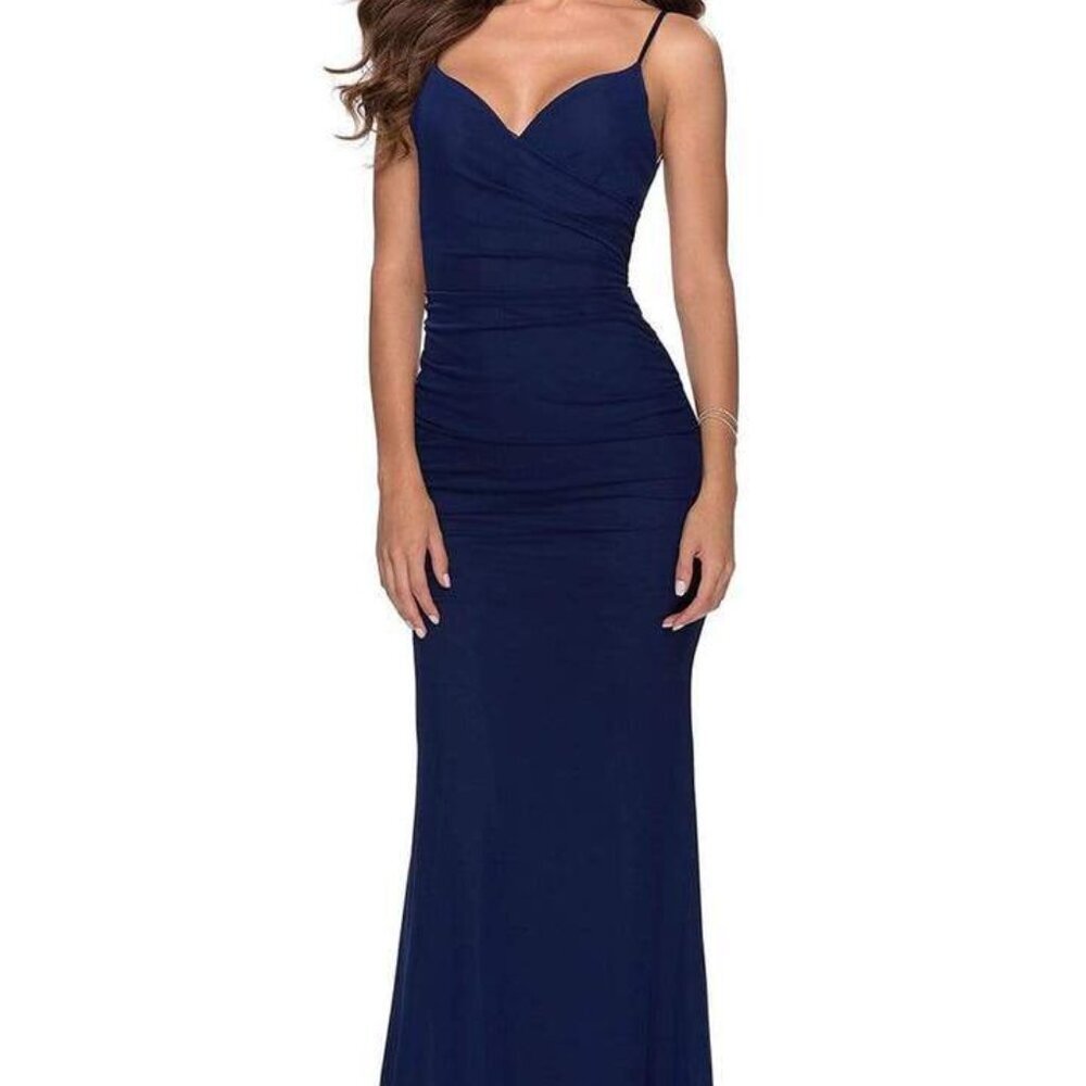 NWT La Femme 28541SC Net Jersey Evening Dress Navy Size 2